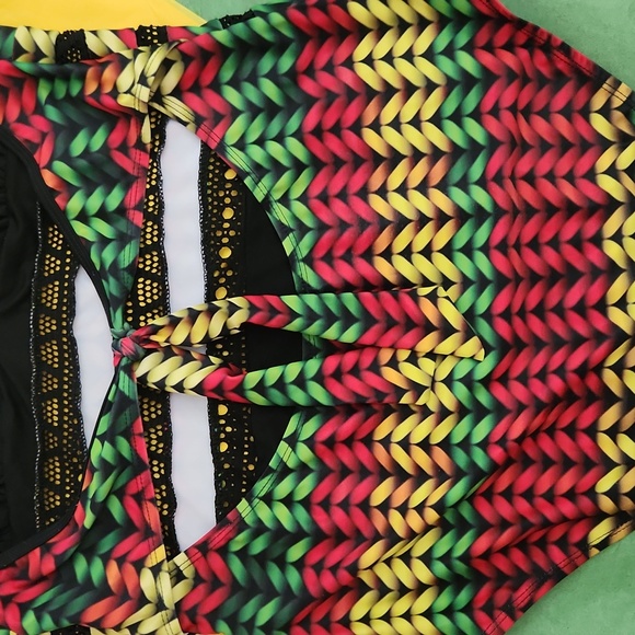 Reggae Style, Red, Green, Black, Gold V-Neck 1 Piece Swimsuit - Picture 4 of 9